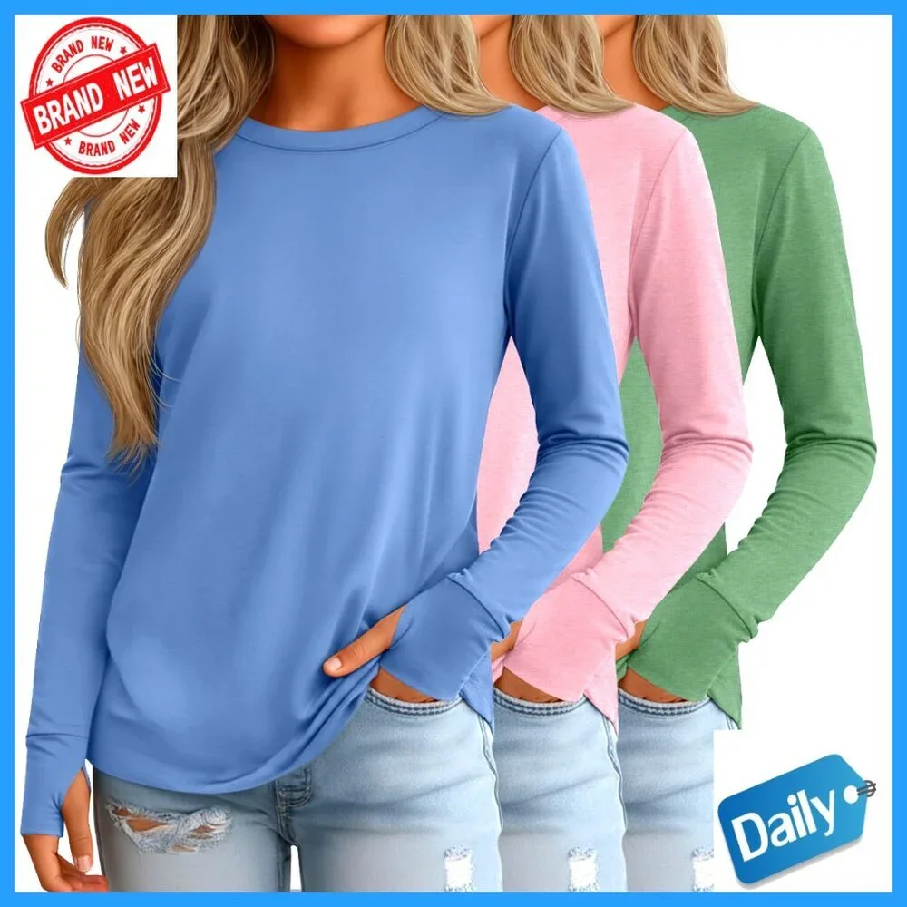 3 Pack Girls Long Sleeve Tees with Thumb Holes Cotton Crew Neck Layering Tops